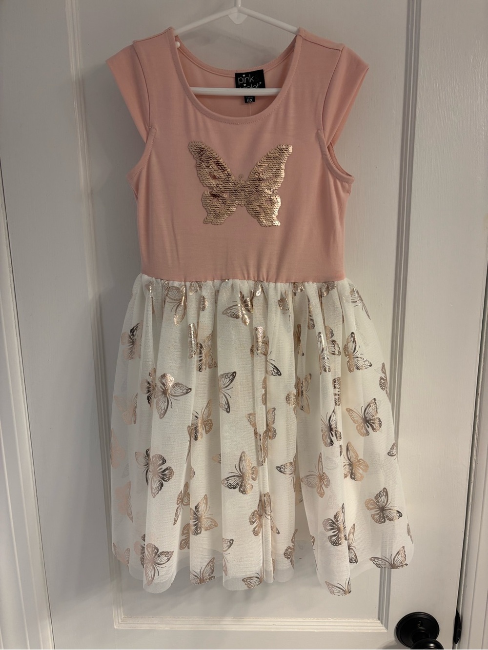 Pink & Violet Pink Bodice Cream Tulle Dress with Gold Butterfly Accents